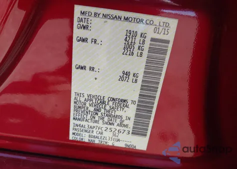 2015 Nissan Altima 2.5/2.5 S/2.5 Sl/2.5 Sv из США, поврежденный, VIN 1N4AL3AP7FC252673